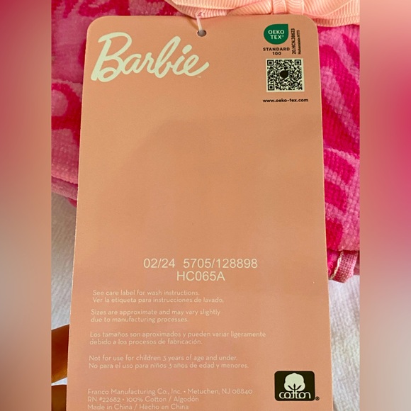 Mattel Barbie Pink & White Velour 100% Cotton 1 Bath 2 Hands Towel Set 3pc - Picture 11 of 12